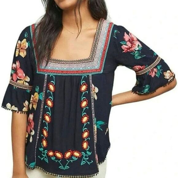Anthropologie Dakota Embroidered Floral Square Neck Top Bell Sleeve Blue Boho M - Picture 2 of 16